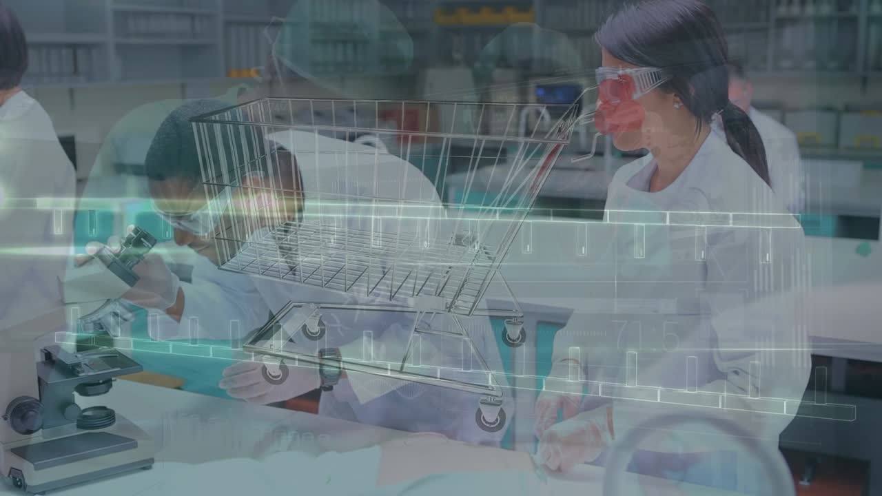 Animation of shopping, trolley, dna strand and data processing over diverse scientists in laboratory