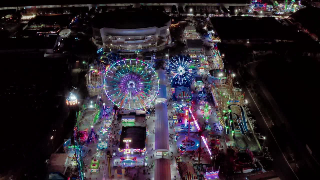 Drone night shot of the fairgrounds at the "Feria de León" in León, Guanajuato, México