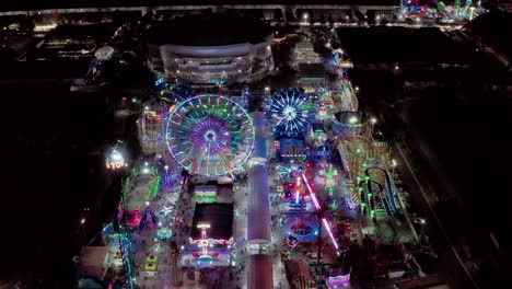 Drone night shot of the fairgrounds at the "Feria de León" in León, Guanajuato, México