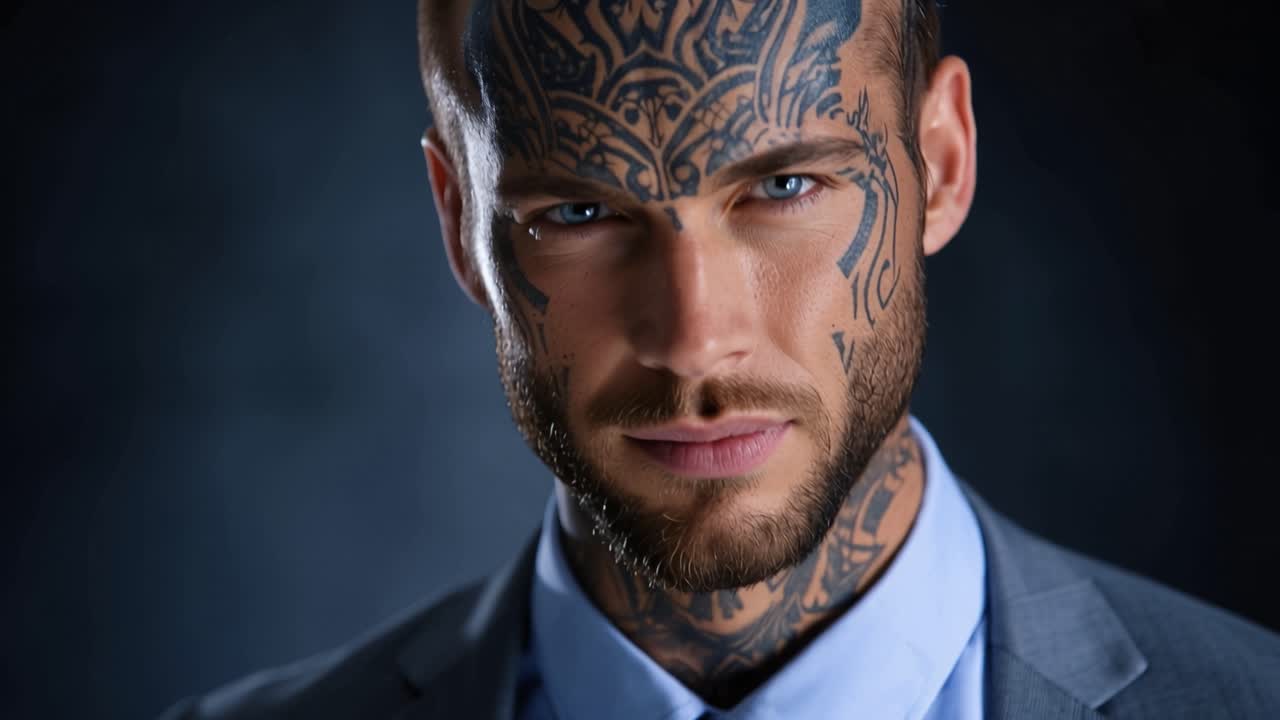 Un uomo tatuato fissa intensamente la fotocamera. L'abito scuro contrasta con i vistosi tatuaggi sul viso. Una cravatta blu aggiunge un tocco formale all'aspetto robusto. Lo sguardo deciso trasmette fiducia e mistero.
