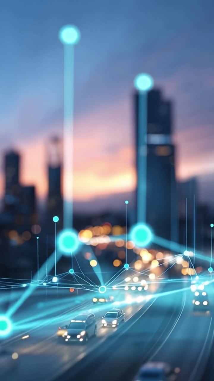 Skyline urbano con flusso di traffico dinamico e visualizzazione digitale dei dati al crepuscolo: una fusione di vita cittadina moderna e innovazione tecnologica.