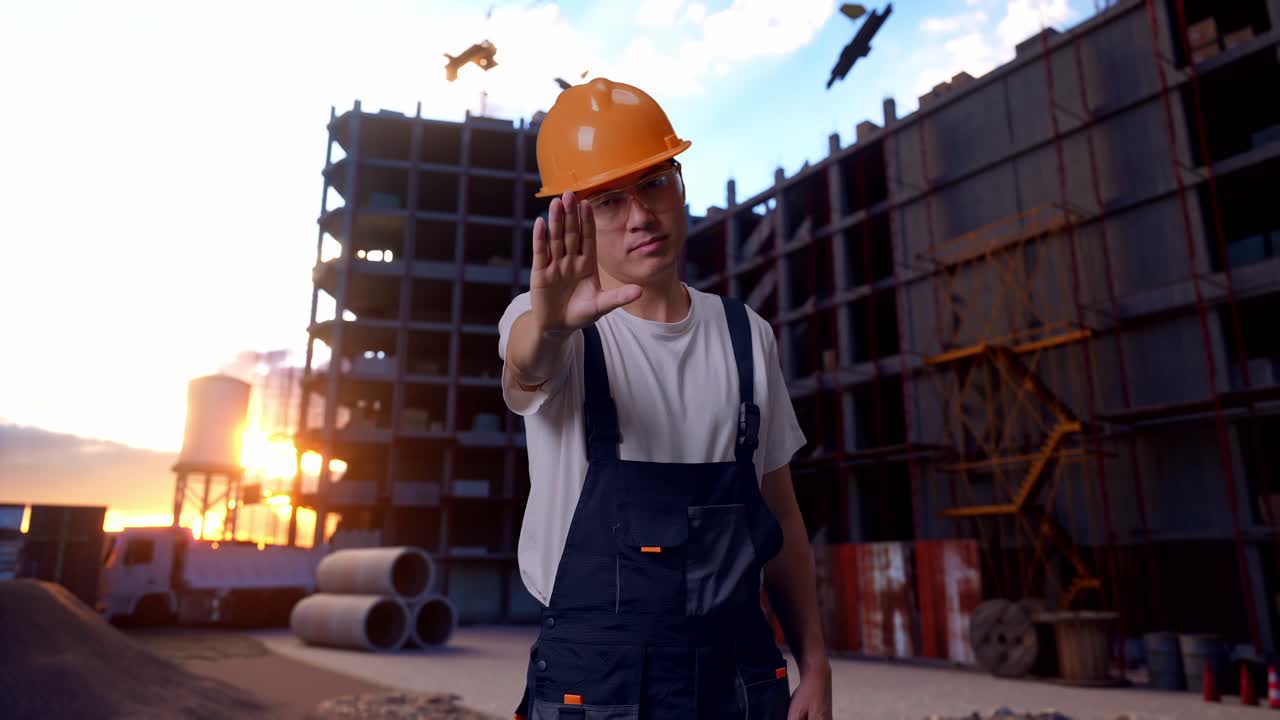 un trabajador asiático desaprueba sin señal de mano en el sitio de construcción