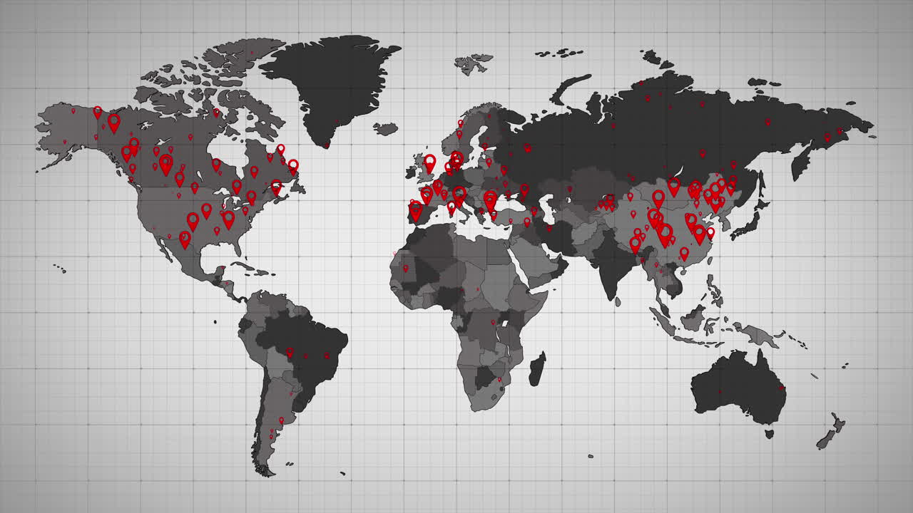 animación del mapa del mundo y los países que se vuelven rojos a través de círculos en un fondo blanco