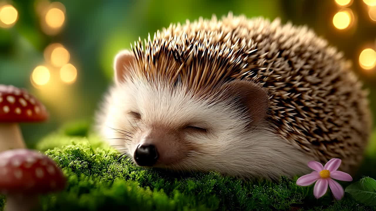 Schlafender Igel ruht sich auf grünem Moos aus. Ein kleiner Igel döst friedlich auf leuchtend grünem Moos, umgeben von Pilzen und weichem Licht