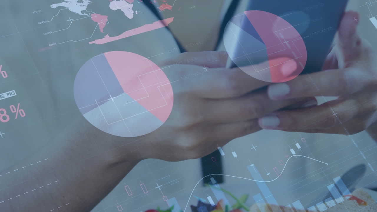 Animation of infographic interface over midsection of caucasian woman clicking picture of food