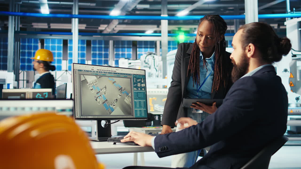 colleghi di fabbrica fotovoltaica brainstorming, regolazione dei parametri del sistema