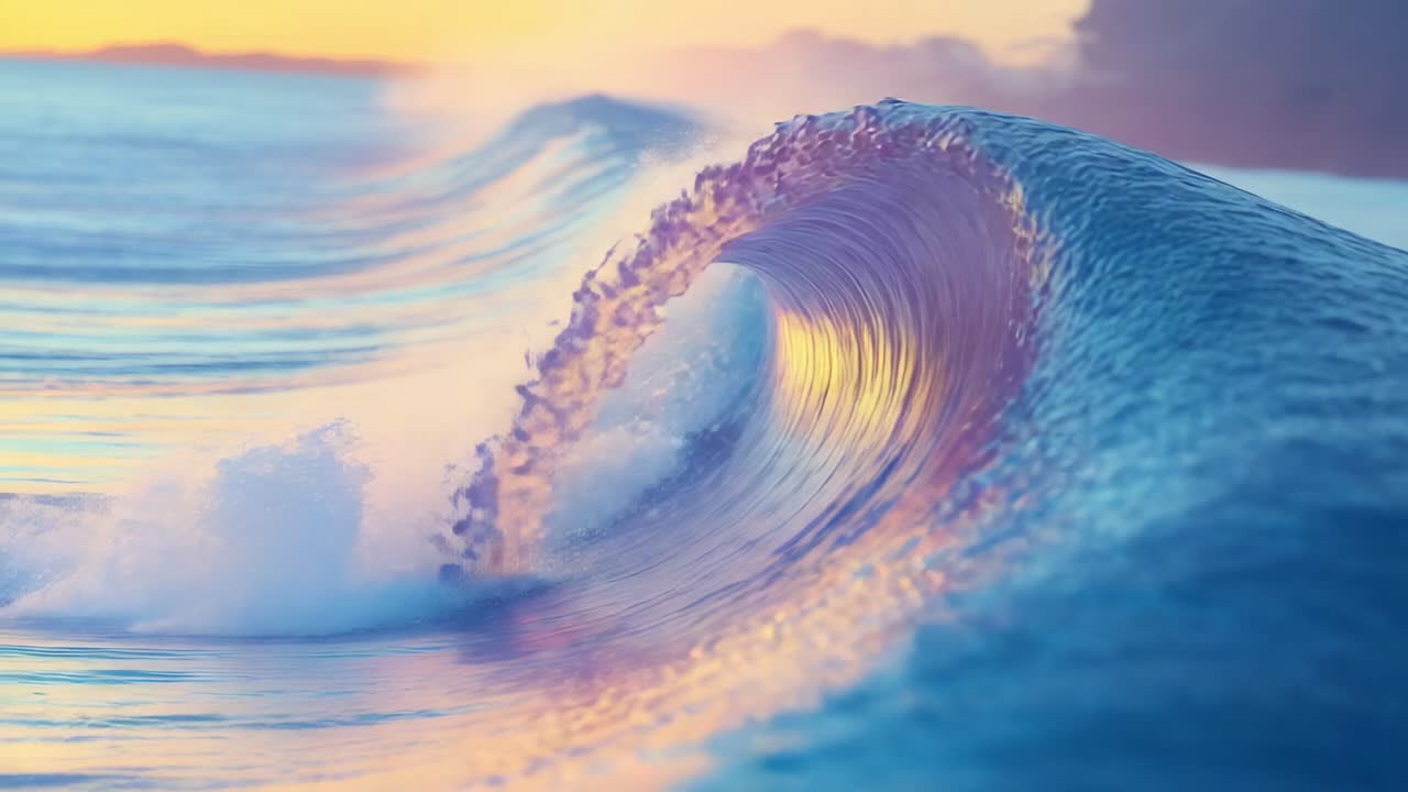Forming ocean wave curling into hollow barrel near coastline at sunset, with droplets spraying
