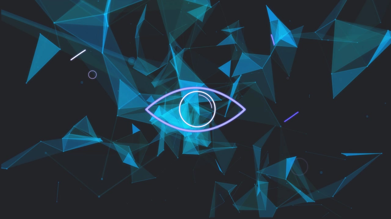 Teal polygon pulsing on purple eye appearing, ring rotating, polygons dispersing, visualizing net