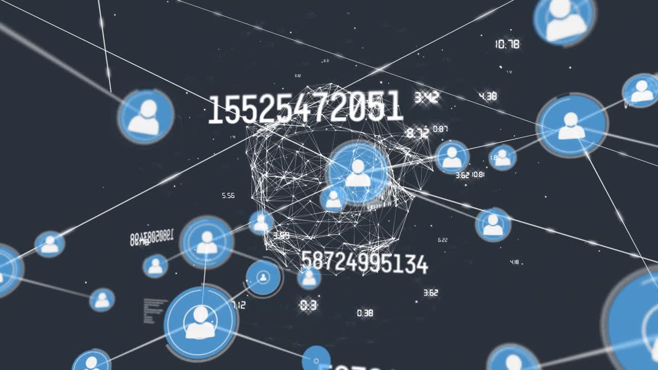Animation of connected dots over dots forming globe and changing numbers against black background