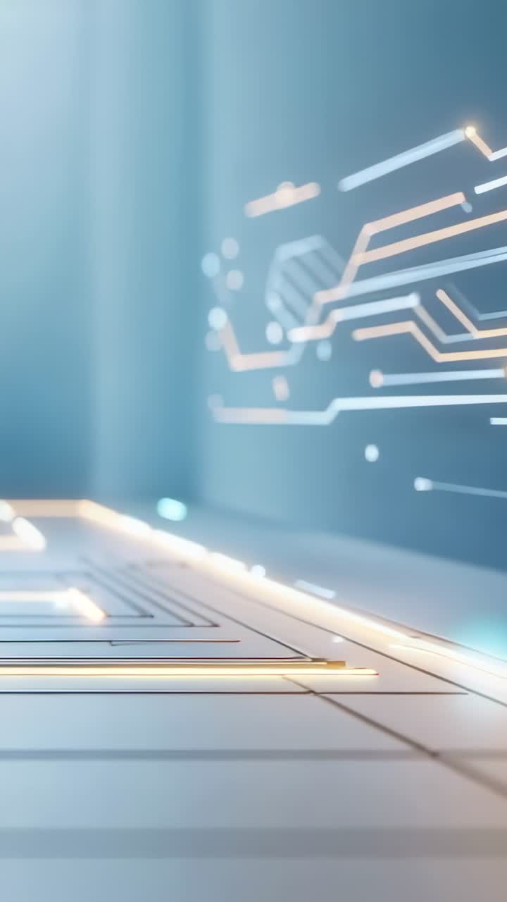 Vertical video: Panning camera revealing floor and wall circuitry in data hub with glowing hexagons