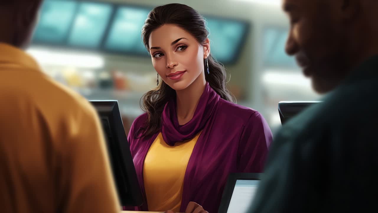 A confident woman stands at a service counter, dressed in vibrant colors, engaging with customers as she provides assistance, exemplifying excellent customer service and professional demeanor