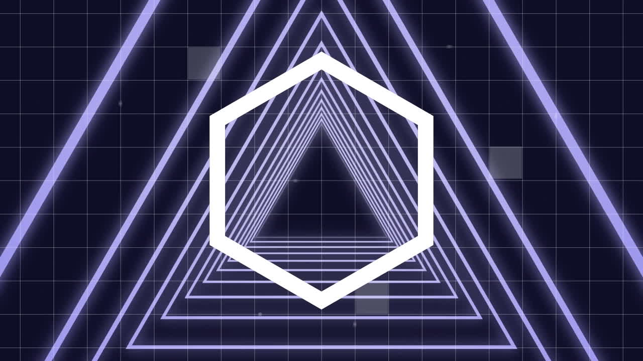 hexágono luminoso girando en el pasillo de triángulo luminoso con cuadrado virtual sizzle cayendo en la espalda