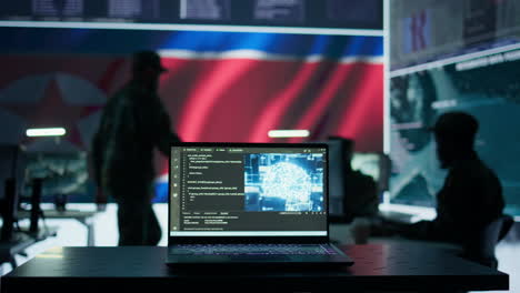 military personnel working in a command post with a north korea flag