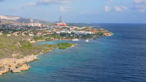 aerial dolly along cliffs of the jan thiel coastline in curacao, with rocky cliffs, turquoise waters, and clear skies