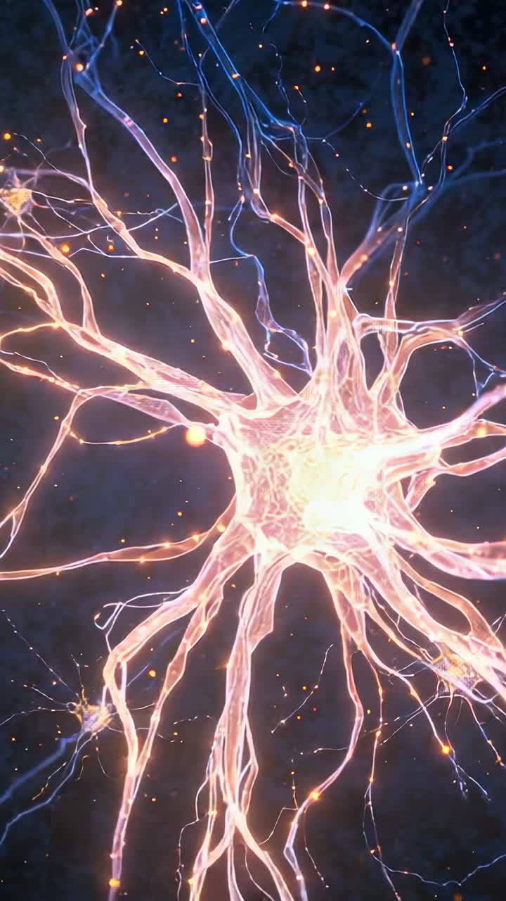 Vertical video: Brightening soma sending pulses along filaments in bluish matrix activating nodes
