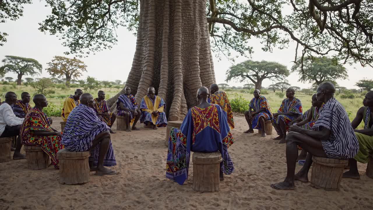 A group of people in colorful attire sit in a circle under a large tree, captured from a low angle