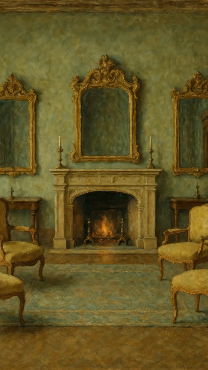 Elegantes Vintage-Zimmer mit verzierten Spiegeln und einem brennenden Kamin. Aus direkter Perspektive aufgenommen.