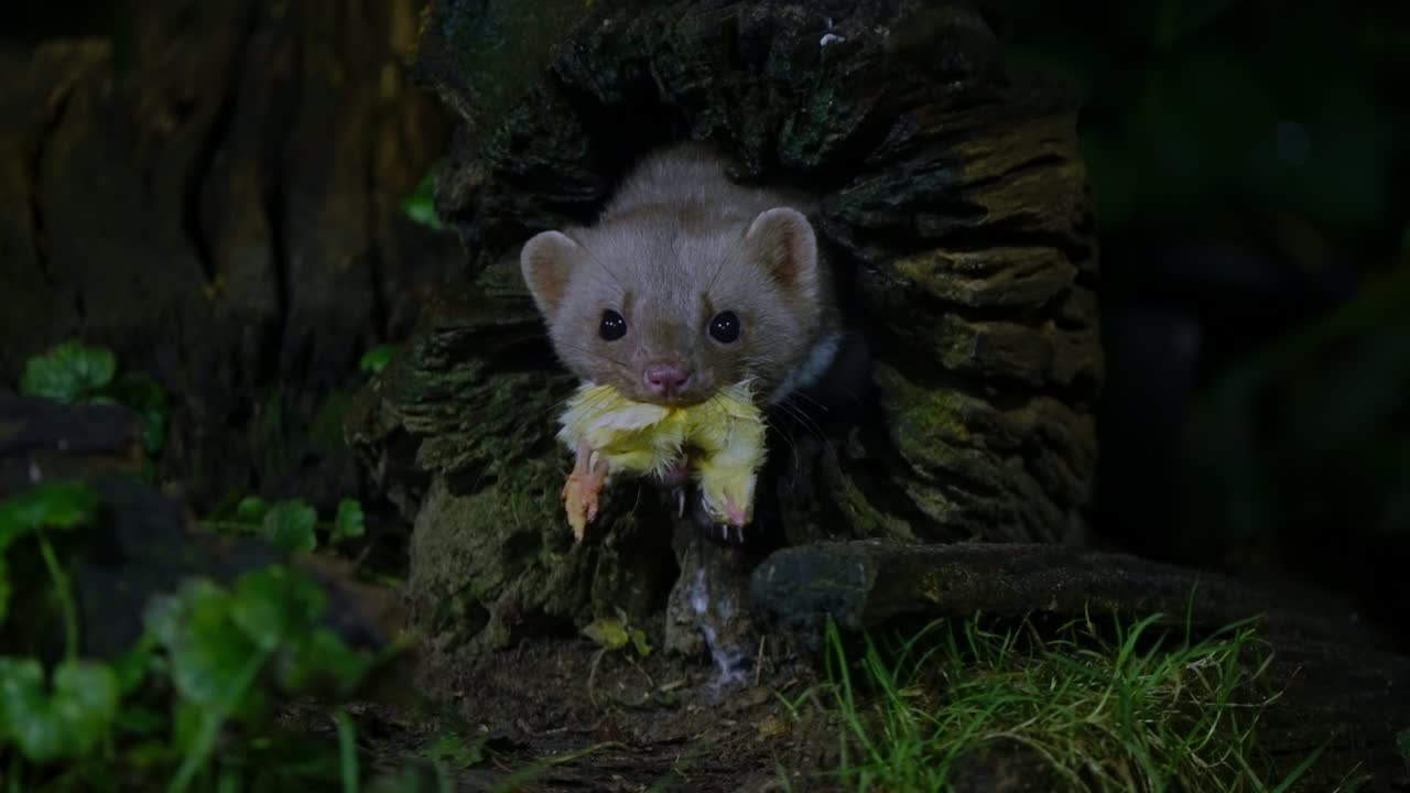 Stunning slow motion clip of beech marten emerging from hollow log in Drenthe forest habitat