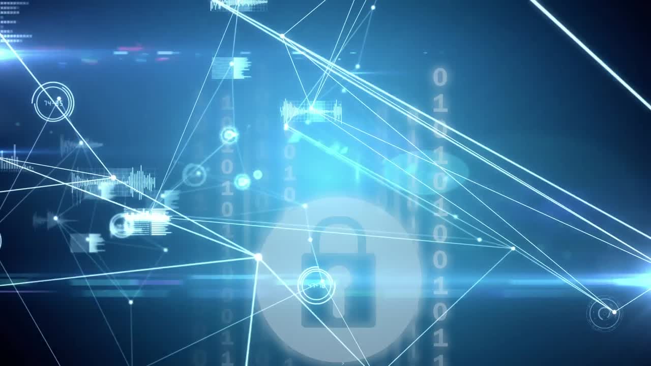 파란색 바탕에 있는 보안 잠금 아이콘을 통해 연결된 네트워크의 디지털 애니메이션