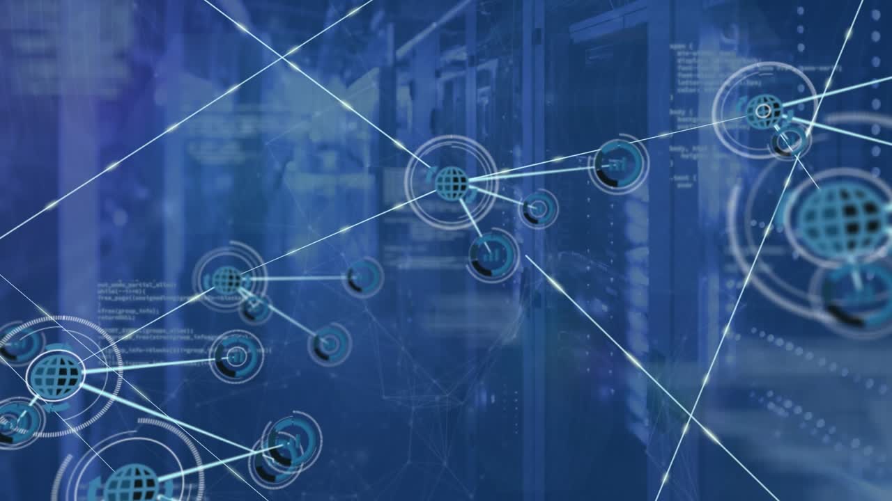 Animation of network of globe icons connecting with lines against computer server