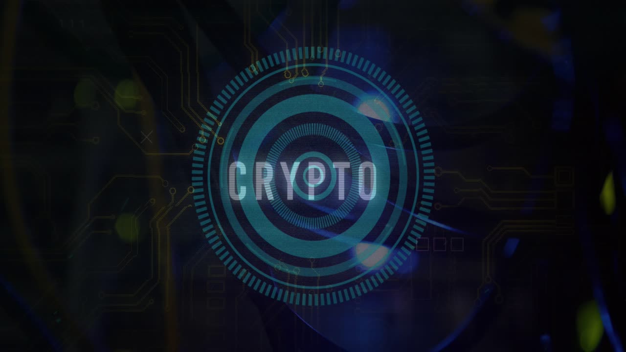 Animation af kryptotekst, scope og databehandling over et computerbundkort.