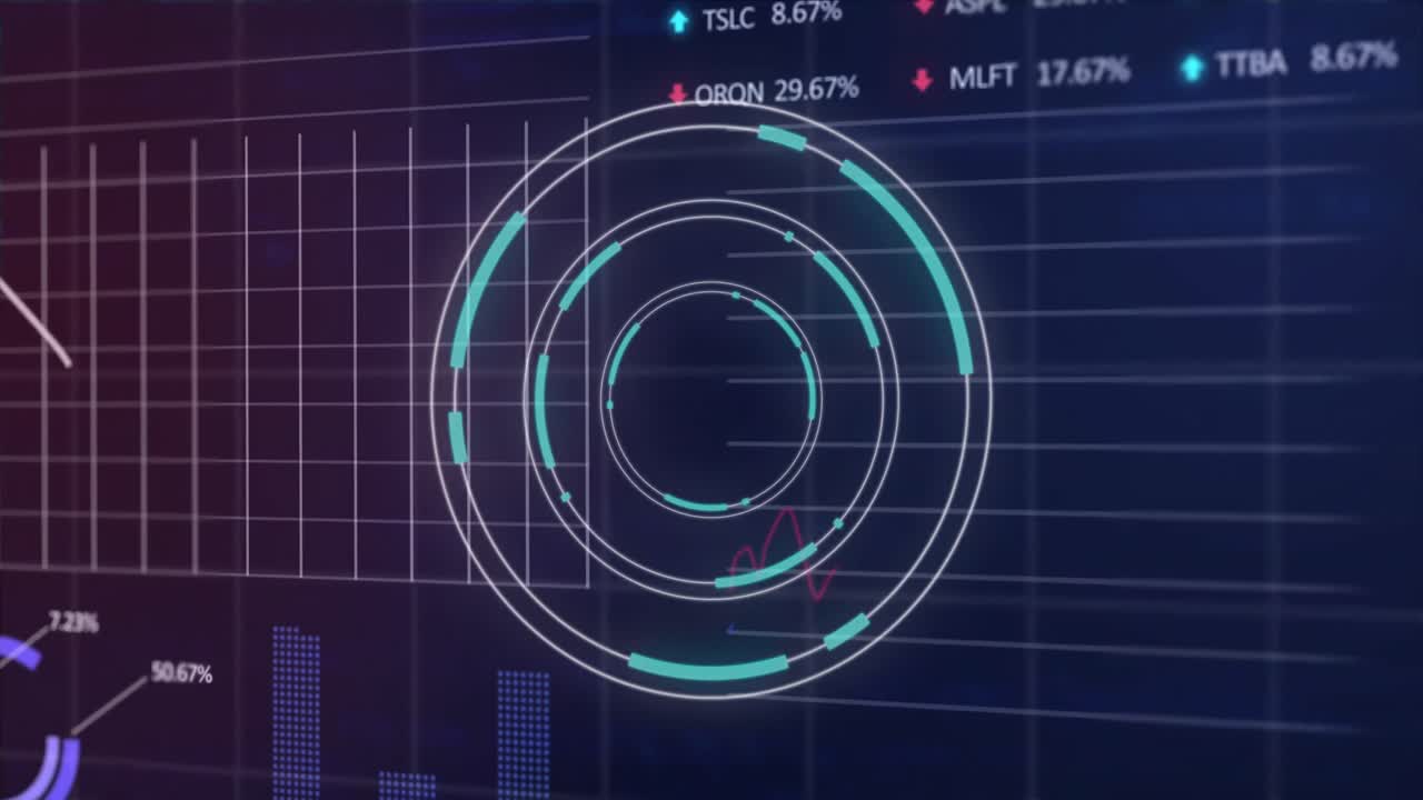 Animation of round scanner, statistical and stock market data processing on purple background