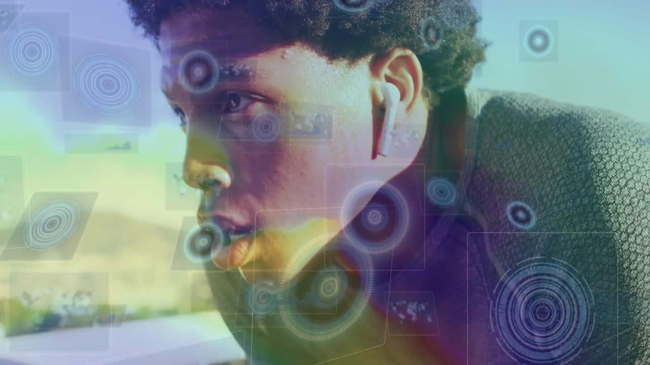 man running outdoors wearing white earbud during fitness tech test, showing HUD graph and data