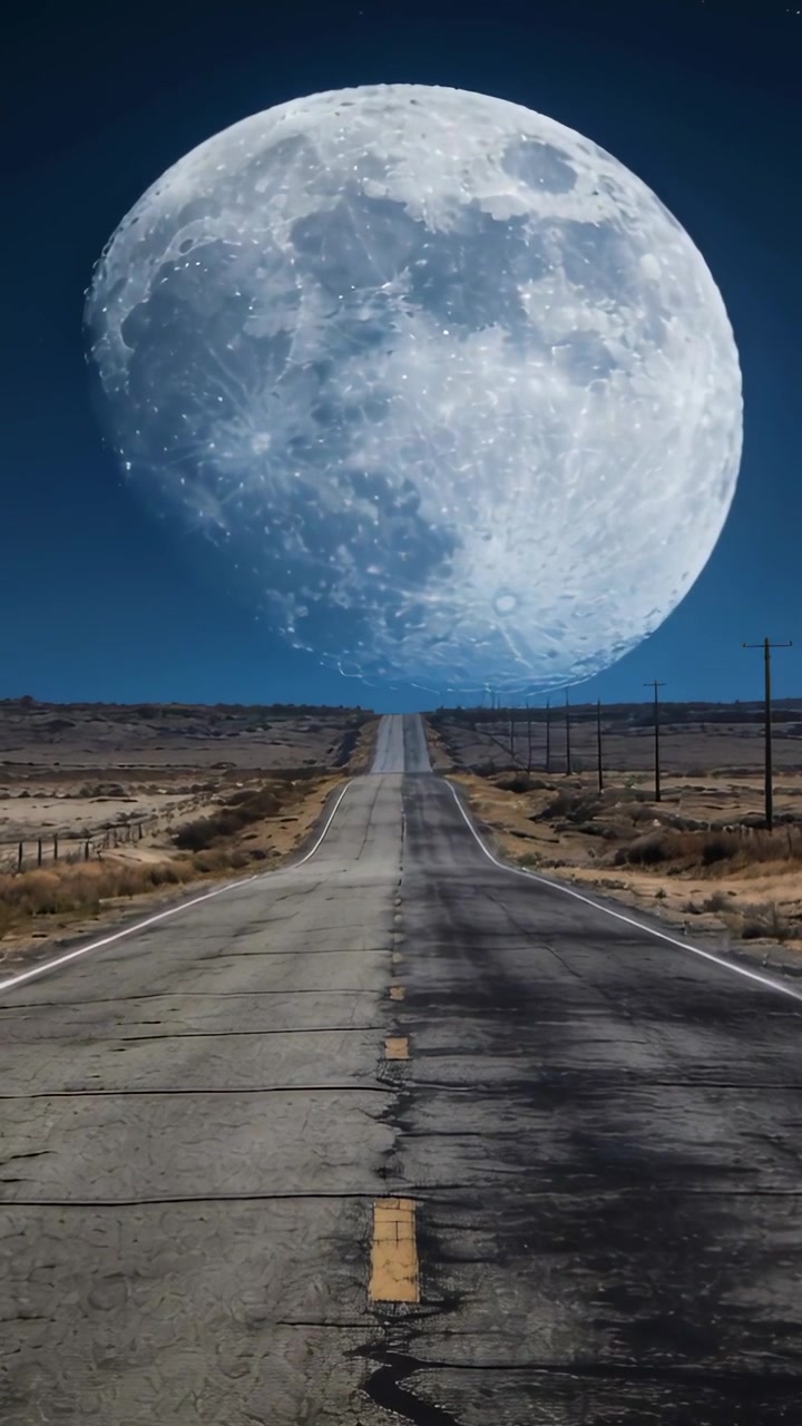 Verticale video: Voortschrijdende beelden, enorme maan die opkomt boven een gebarsten snelweg, een surrealistische schaal creërend.