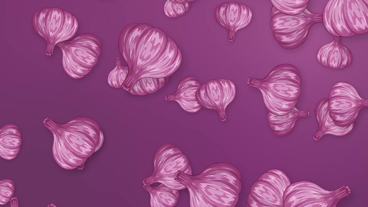 Stylized purple garlic bulbs fall and rotate slowly against a vibrant purple mesh background.