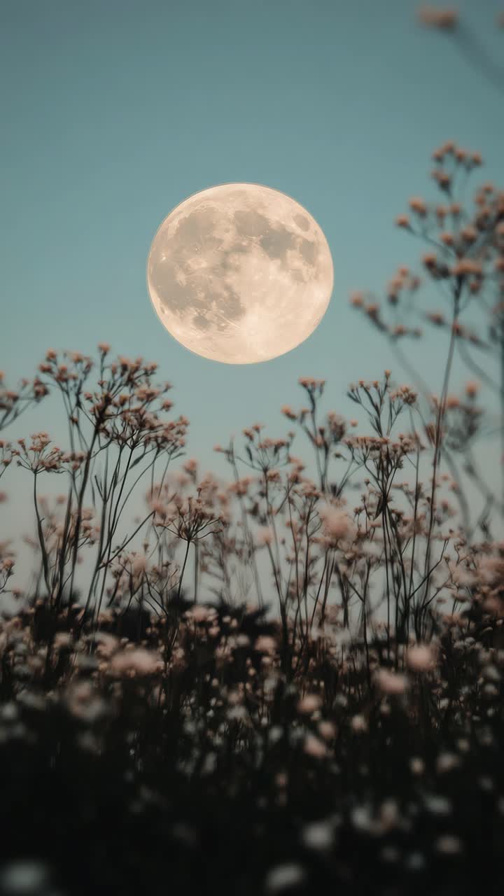 Low-angle video shot of a full moon rising over silhouetted wildflowers, creating a serene