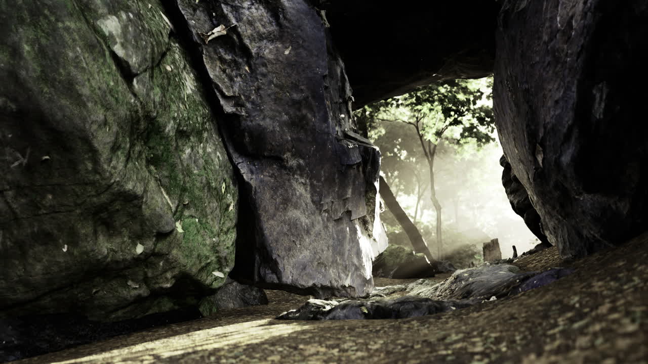 Light peeking through a cave entrance in a serene forest setting