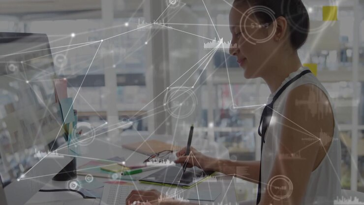 Animation of data processing over caucasian businesswoman using computer