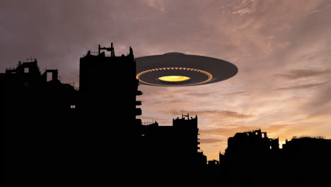 ufo over abandoned city at sunset