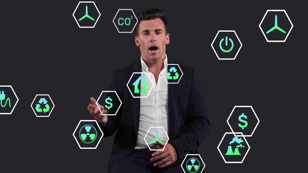 animación de múltiples iconos digitales contra el hombre de negocios caucásico hablando mirando a la cámara