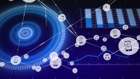 network of digital connections and data processing animation over blue background