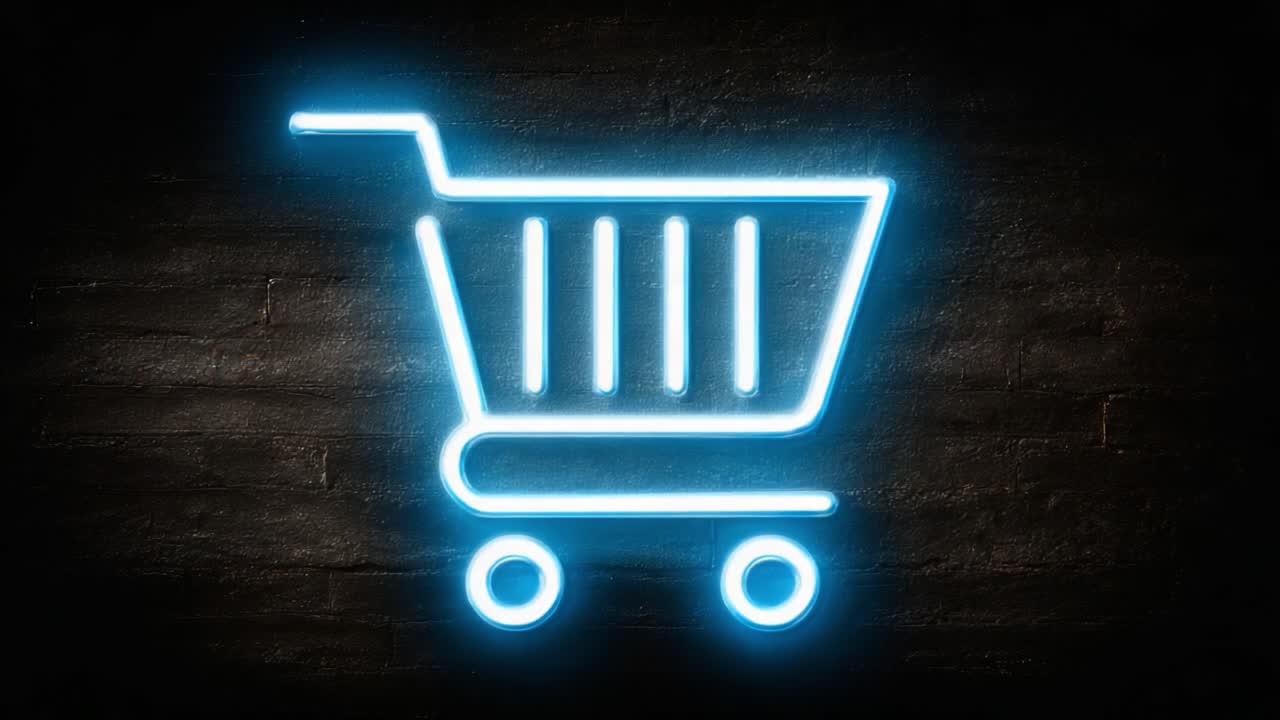 Illuminated Neon Shopping Cart Icon Displayed on Dark Textured Background, Representing Online Shopping and E-commerce Concepts in a Modern Visual Style