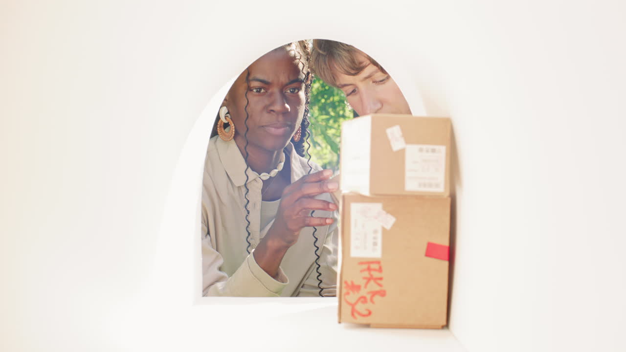 Two Multiethnic Girlfriends Collecting Parcels from Mailbox and Discussing Them