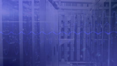 in data center, servers with blue lights processing animated data visuals