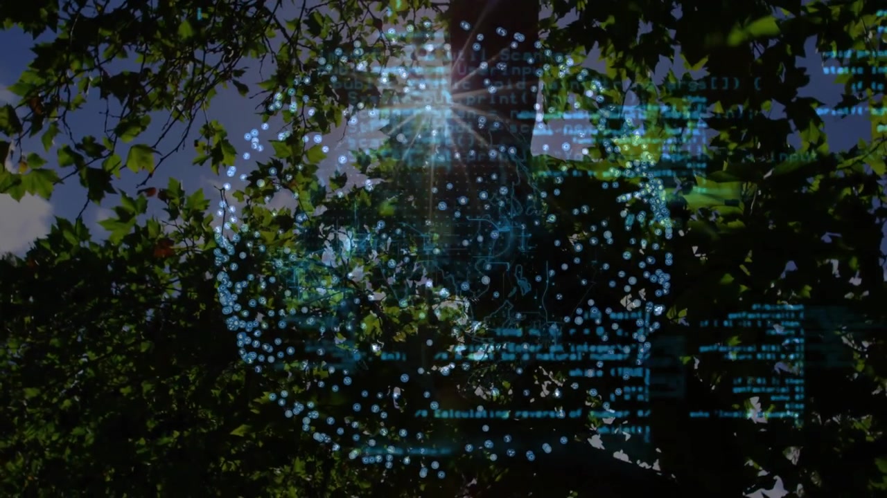 Code overlay appearing through canopy, point cloud pulsing, silhouette shifting, showing presence