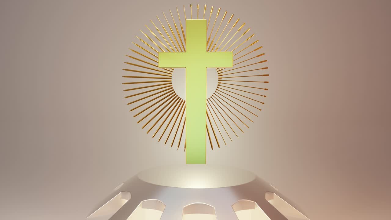 Holy cross near luminous stand with decorative elements. 3d animation loop