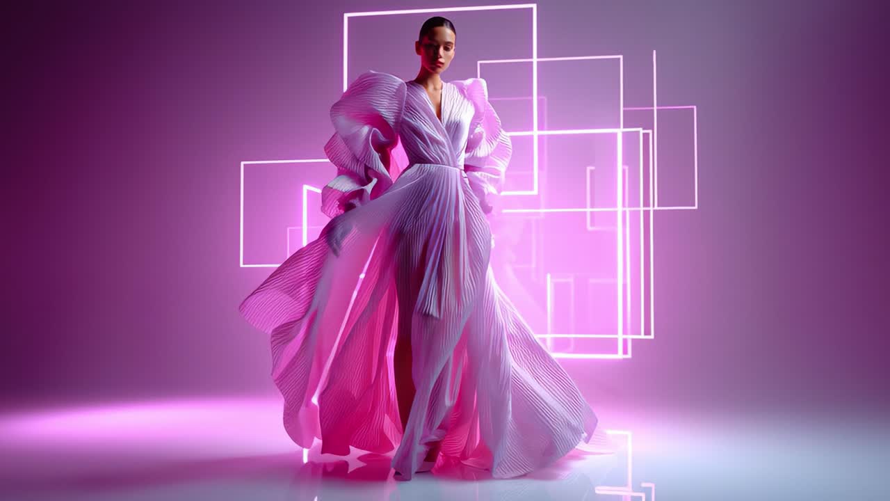A Stunning Fashion Showcase Featuring a Model Dressed in a Bold and Artistic Gown, Enhanced by Striking Lighting and Geometric Elements, Artfully Composed in a Vibrant Pink and Purple Color Scheme