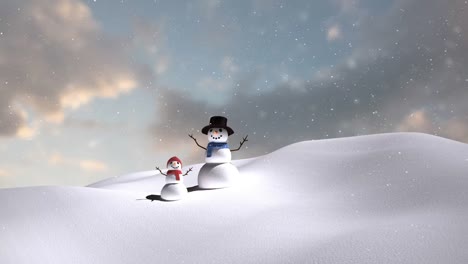 Animation-of-snow-falling-over-smiling-snowmen-in-winter-scenery