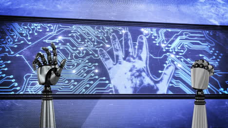 two robot hands and a big screen with glowing circuit board and flashing hand