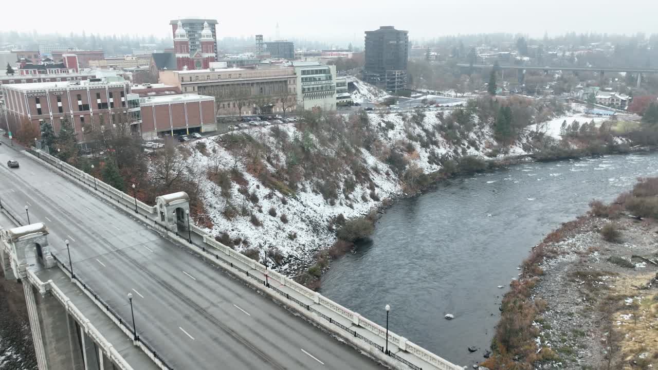 Aerial view of Monroe Street Bridge in downtown Spokane during winter