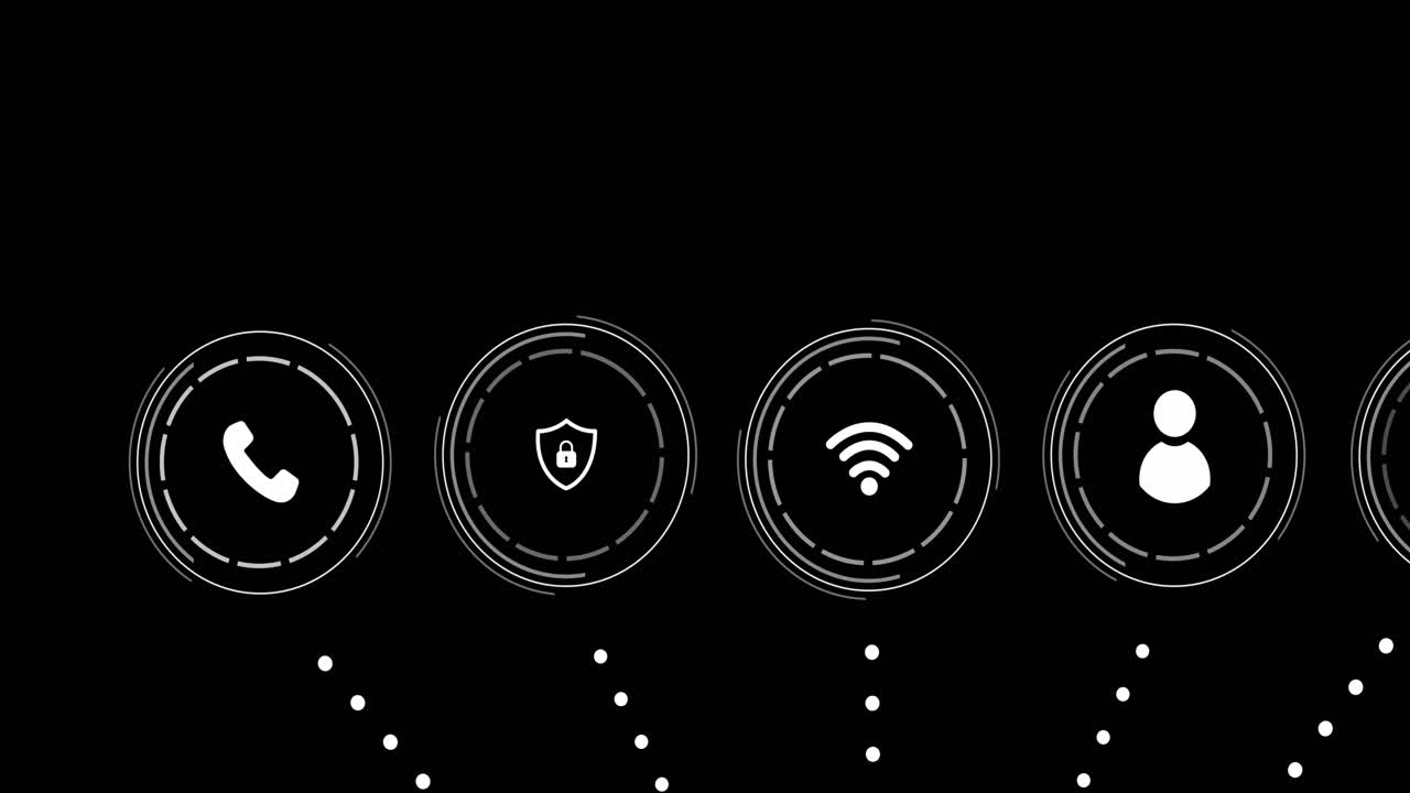animación del procesamiento de datos con una red de iconos sobre un fondo negro