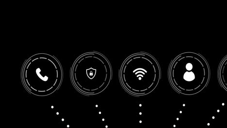 animazione dell'elaborazione dei dati con una rete di icone su sfondo nero