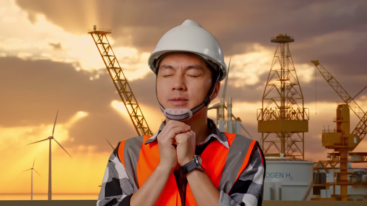 안전 헬을 입은 아시아 남성 엔지니어가 해상 수소 생산에 서 있는 동안 무언가를 위해 기도합니다.
