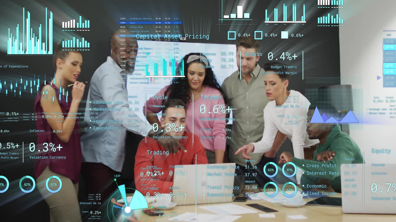 Animation of financial data processing over diverse business people in office