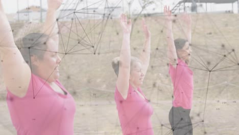 animation of shapes over diverse women at obstacle course exercising