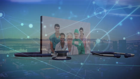 animation of stethoscope around screen with multiracial doctors, connected dots, silhouette of city